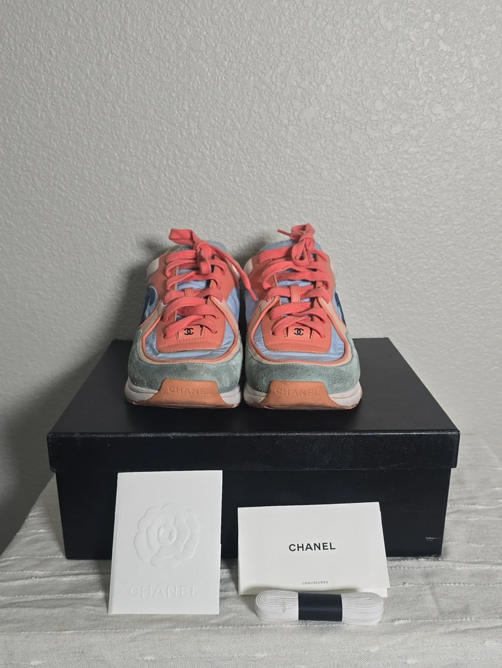 CHANEL Multicolor Leather & Suede Sneaker with Coral and Blue Accents